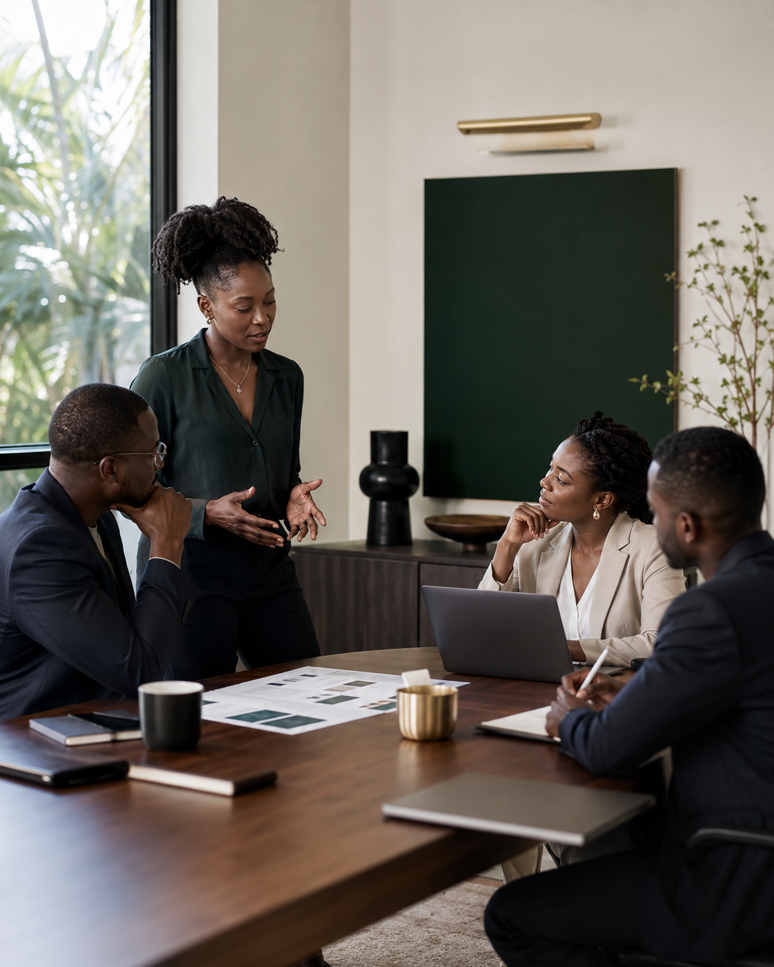 A senior product leader presenting to a team in a client meeting.
