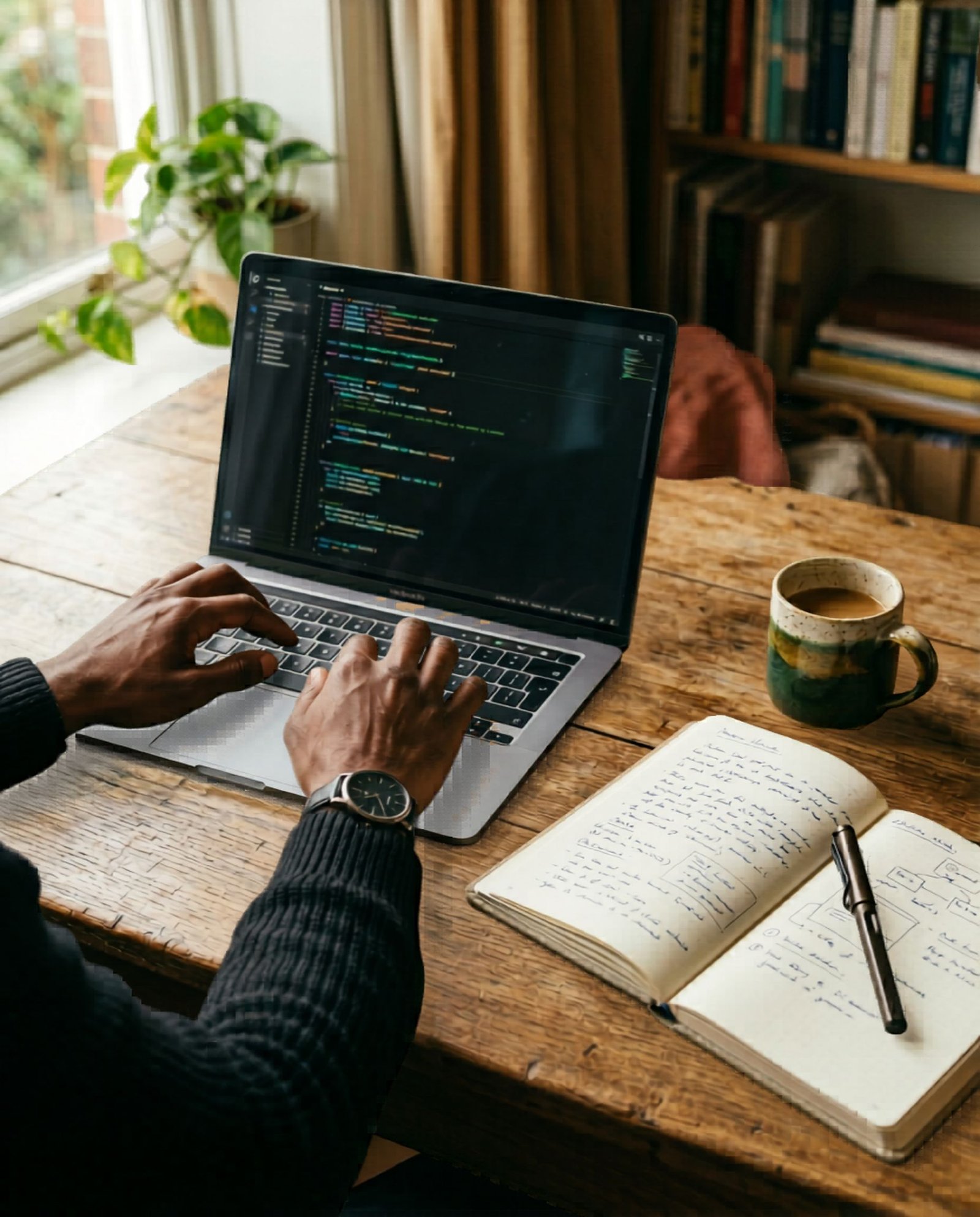 Hands typing at a laptop, building an AI agent.