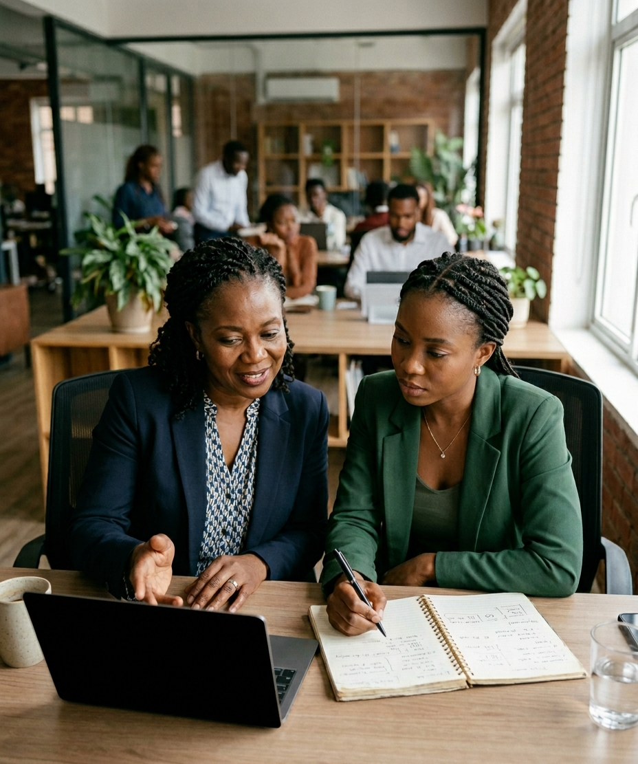 Two professionals working through a problem together during a cohort session.