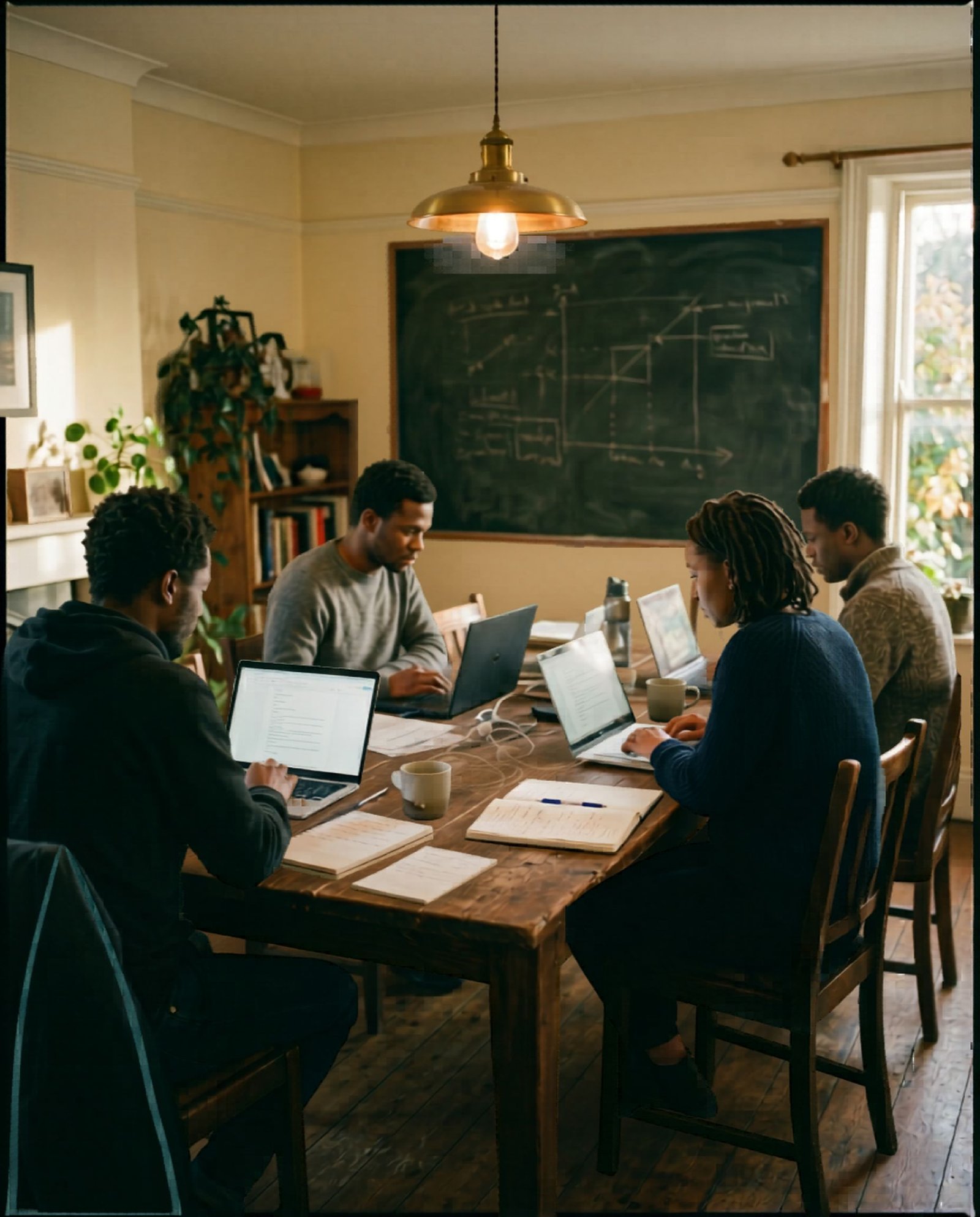 A strategy session in progress, four professionals working through a problem at a shared table.